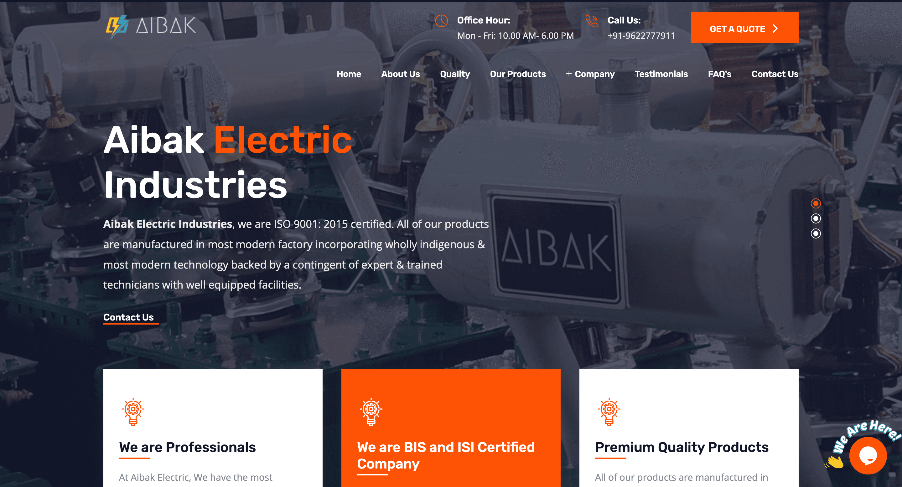Aibak Electric Industries homepage — transformer factory hero with ISO 9001 messaging and BIS/ISI certification cards