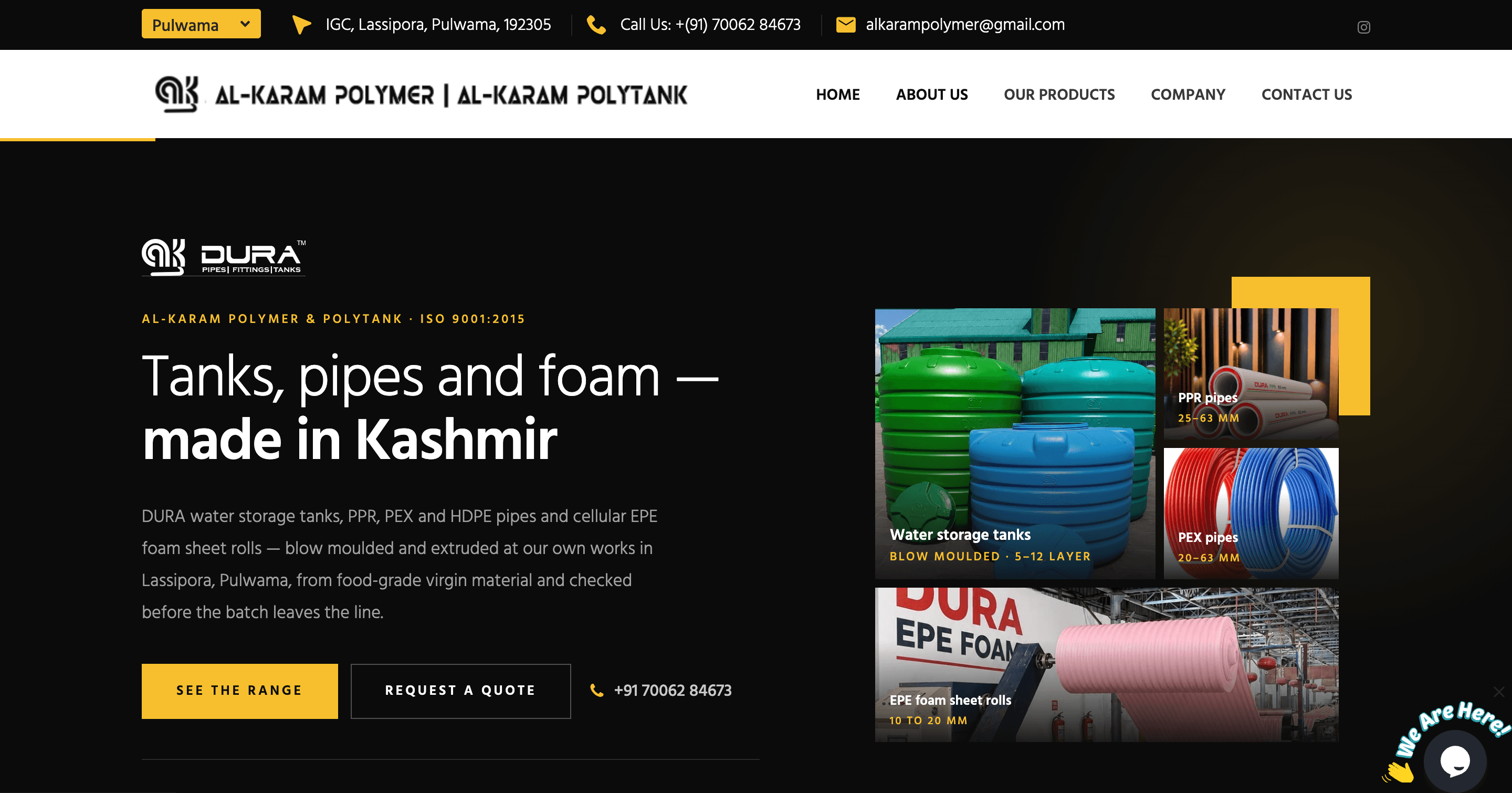 Al-Karam Polymer & Polytank homepage — hero reading “Tanks, pipes and foam — made in Kashmir” with a product grid of water tanks, PPR and PEX pipes and EPE foam rolls