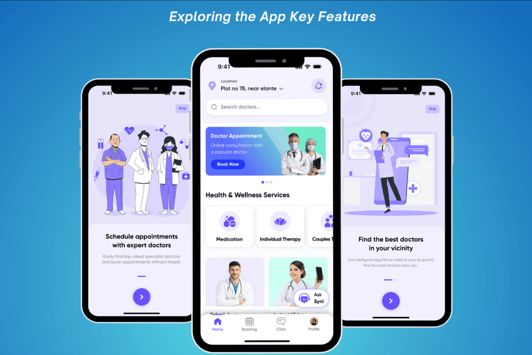 Three phone screens from the healthcare app — an onboarding screen for scheduling appointments with expert doctors, the home screen with saved location, doctor search, a Doctor Appointment banner and Health & Wellness service categories, and a screen for finding the best doctors nearby