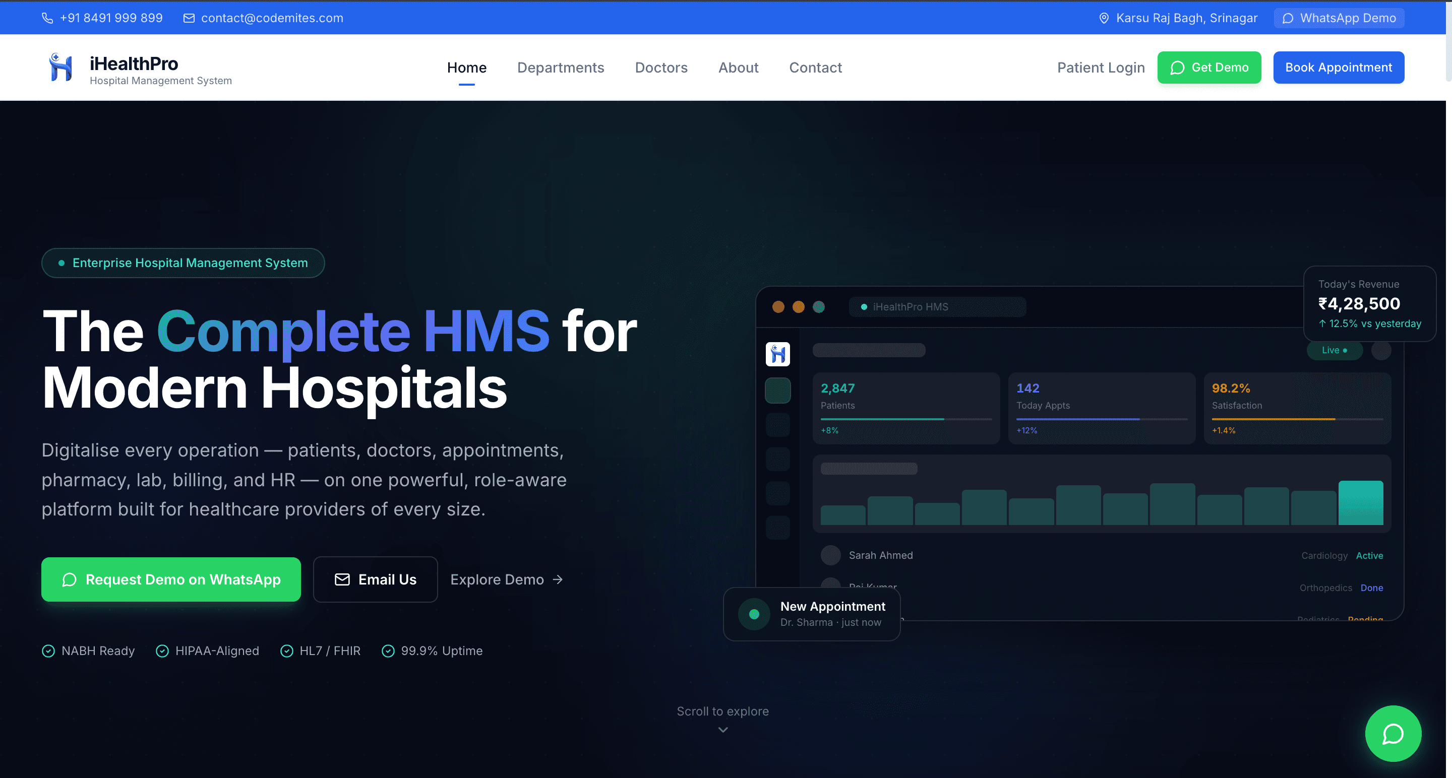 iHealthPro landing page — 'The Complete HMS for Modern Hospitals', describing one role-aware platform for patients, doctors, appointments, pharmacy, lab, billing and HR, beside a dashboard preview