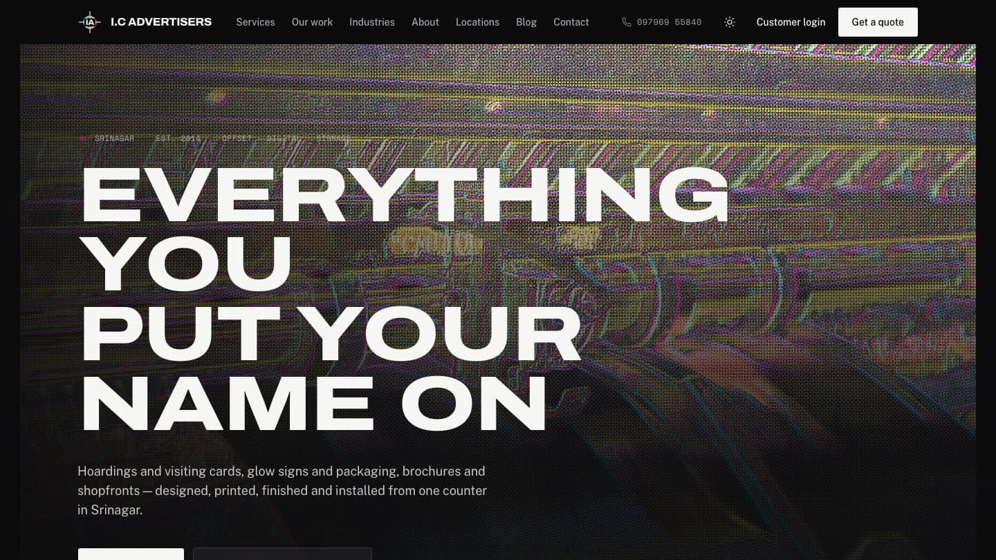 The same I.C Advertisers homepage in dark mode, the halftone press photo glowing in cyan, magenta and yellow behind white headline type