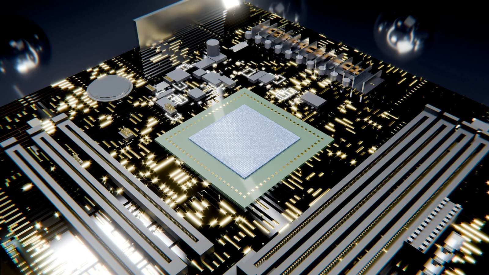A rendered circuit board with a glowing central chip. In a well-designed system, a cheap decision layer sits in front of the expensive models and routes the work