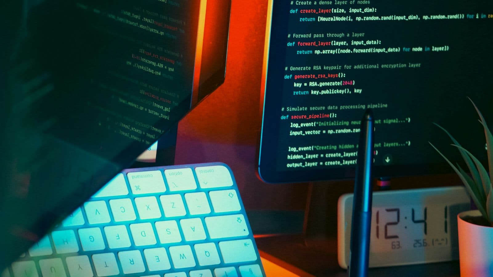 A developer's desk at night: a backlit keyboard, code on the monitor and a desk clock. Adopting a new model well is mostly careful engineering around it