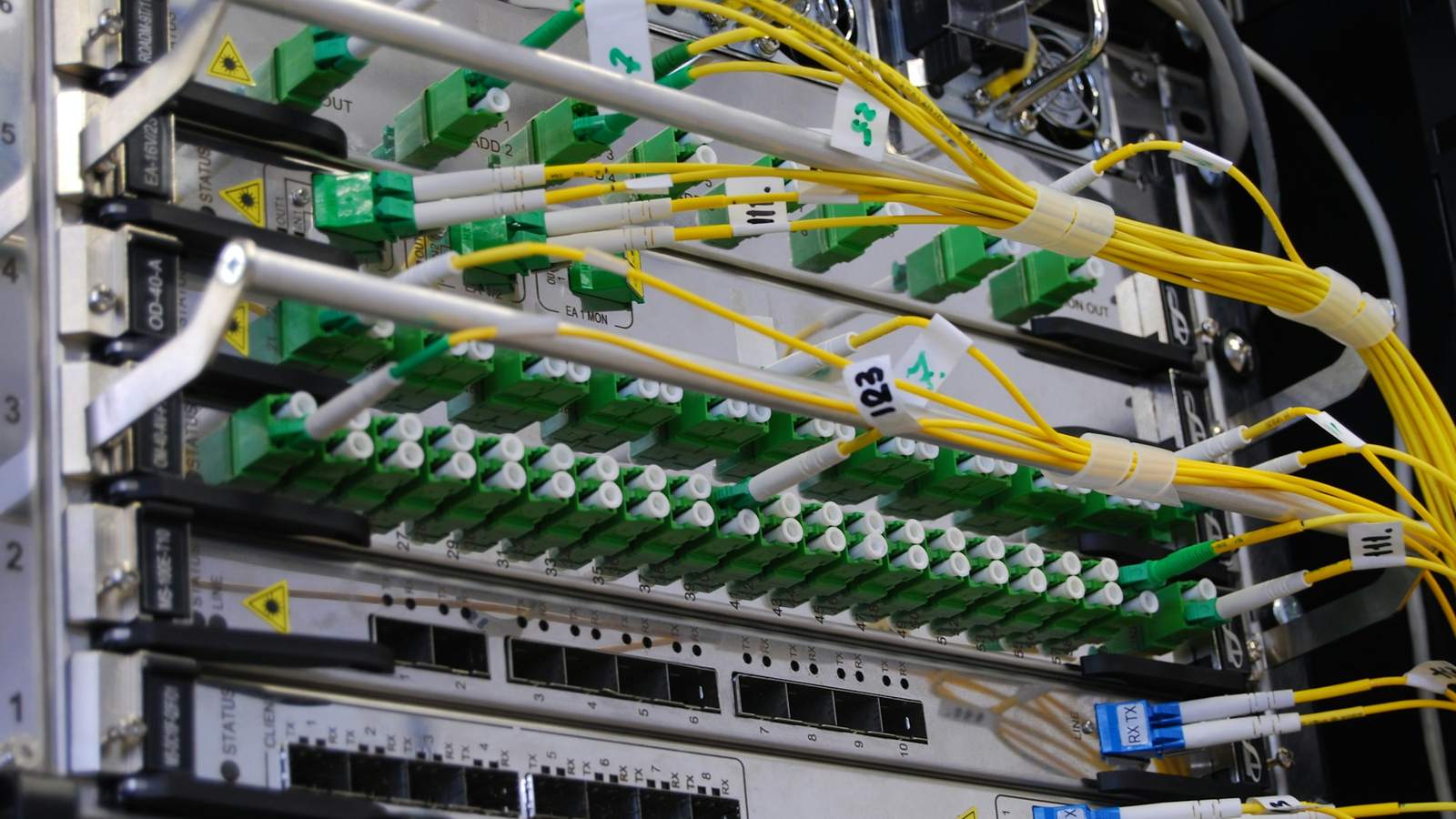 Bundles of yellow fibre optic cables plugged into rows of green connectors on rack-mounted network switches. A Layer 4 load balancer works at this level, moving connections without reading what's inside them