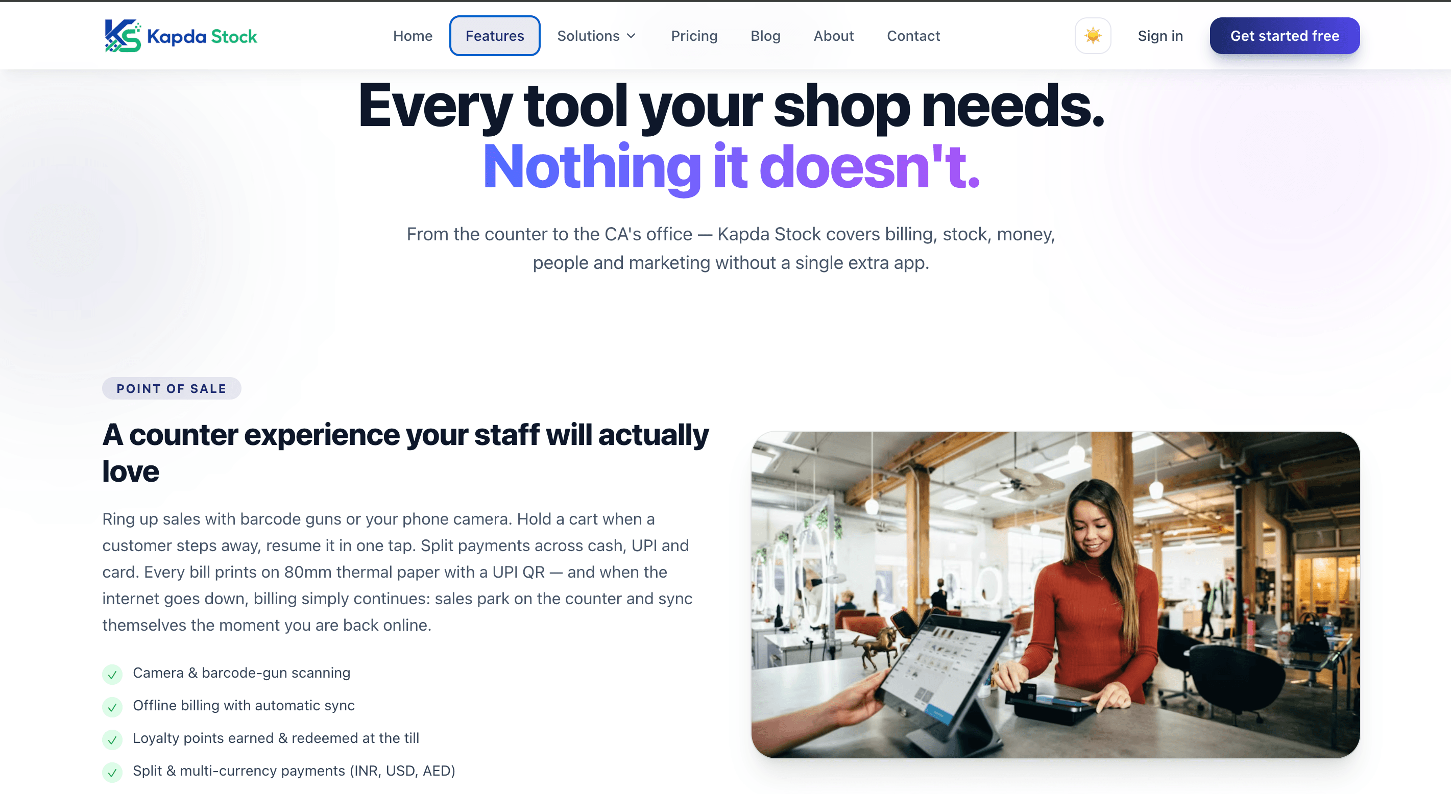 Kapda Stock features page — the point-of-sale section covering barcode scanning, offline billing with automatic sync, loyalty points and split multi-currency payments