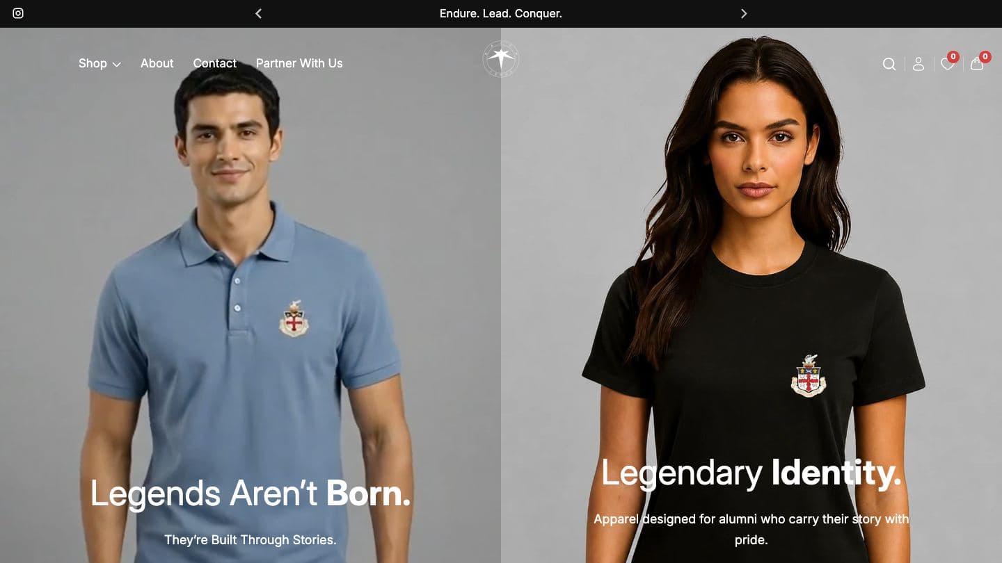 Batch Of Legends homepage hero split into two panels, a man in a blue crested polo under “Legends Aren't Born” and a woman in a black crested T-shirt under “Legendary Identity”