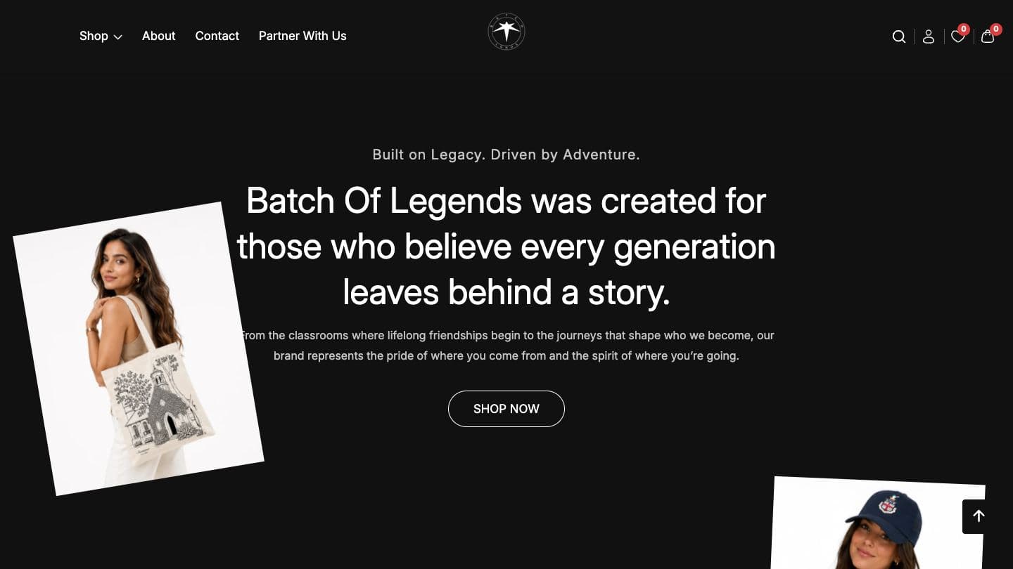 Batch Of Legends brand story section on black, “Batch Of Legends was created for those who believe every generation leaves behind a story”, with tilted photos of a printed tote bag and a navy cap