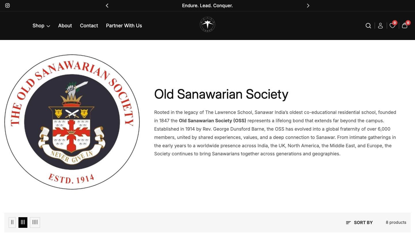 Old Sanawarian Society collection page with the society's crest, estd. 1914, beside an introduction to The Lawrence School, Sanawar and its alumni fraternity, above grid and sort controls