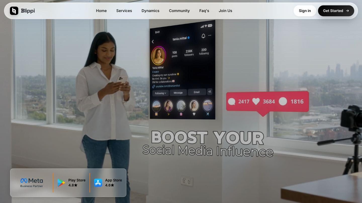 Blippi homepage hero with a creator filming on a phone in front of a large screen of social stats, the words “Boost your social media influence”, and Play Store and App Store ratings
