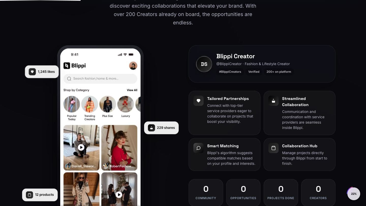 Blippi dark section showing the mobile app's creator feed and shop-by-category screen beside cards for tailored partnerships, streamlined collaboration, smart matching and the collaboration hub