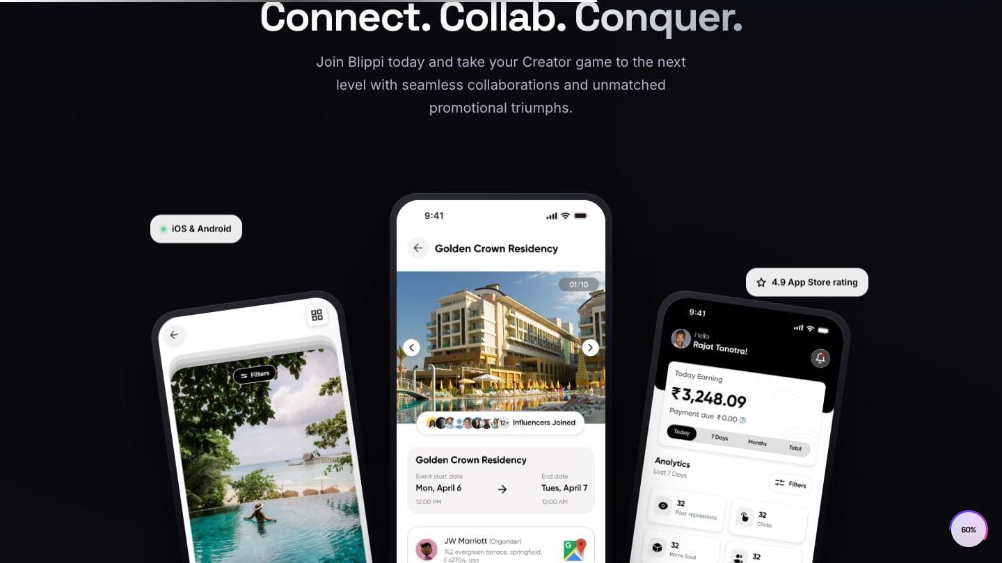 Blippi “Connect. Collab. Conquer.” section with three iOS and Android phone screens showing a creator wallet, campaign booking and analytics