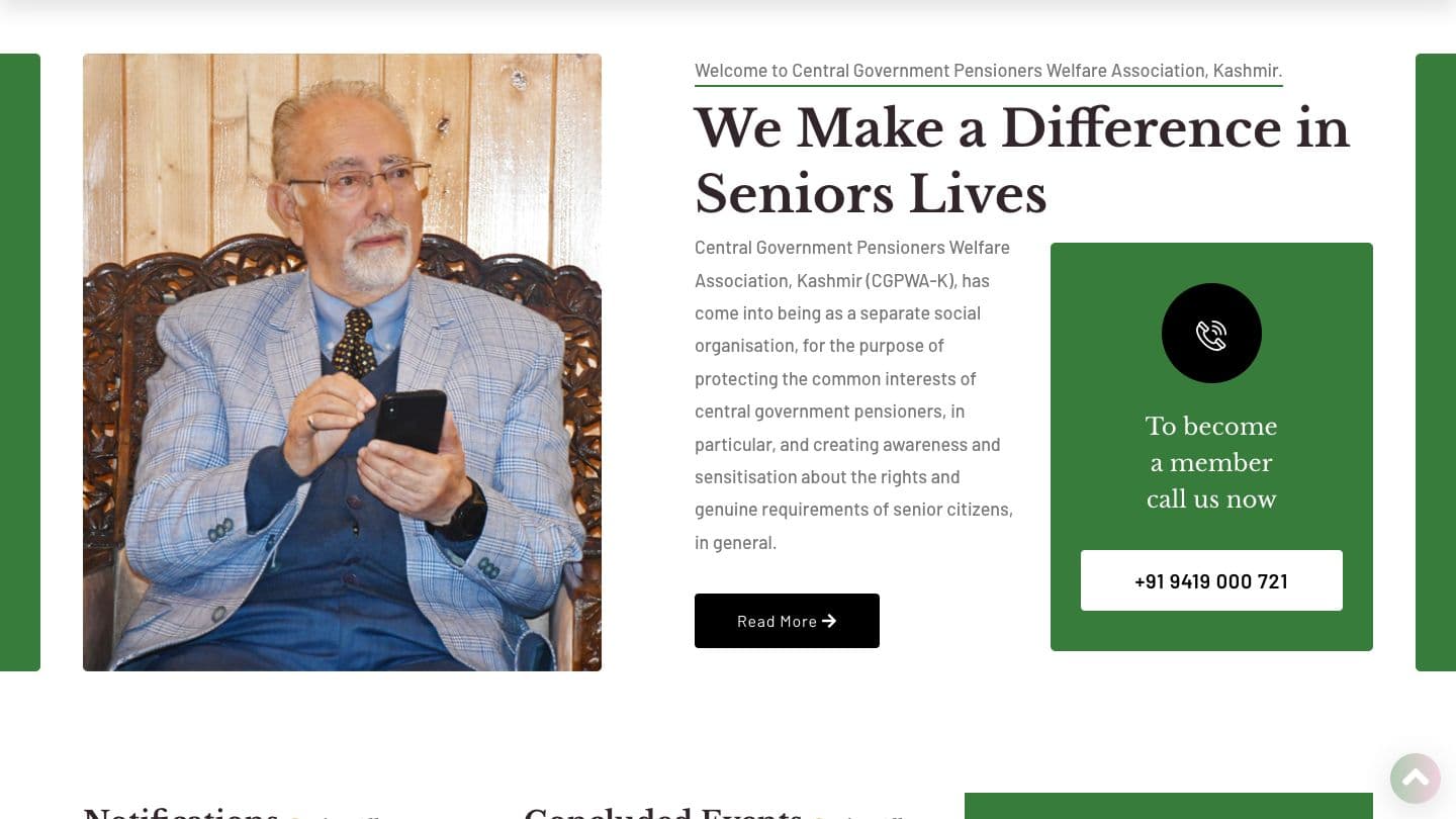 CGPWA-K “We Make a Difference in Seniors Lives” section with a photo of an elderly member, the association's introduction and a green panel with the membership phone number
