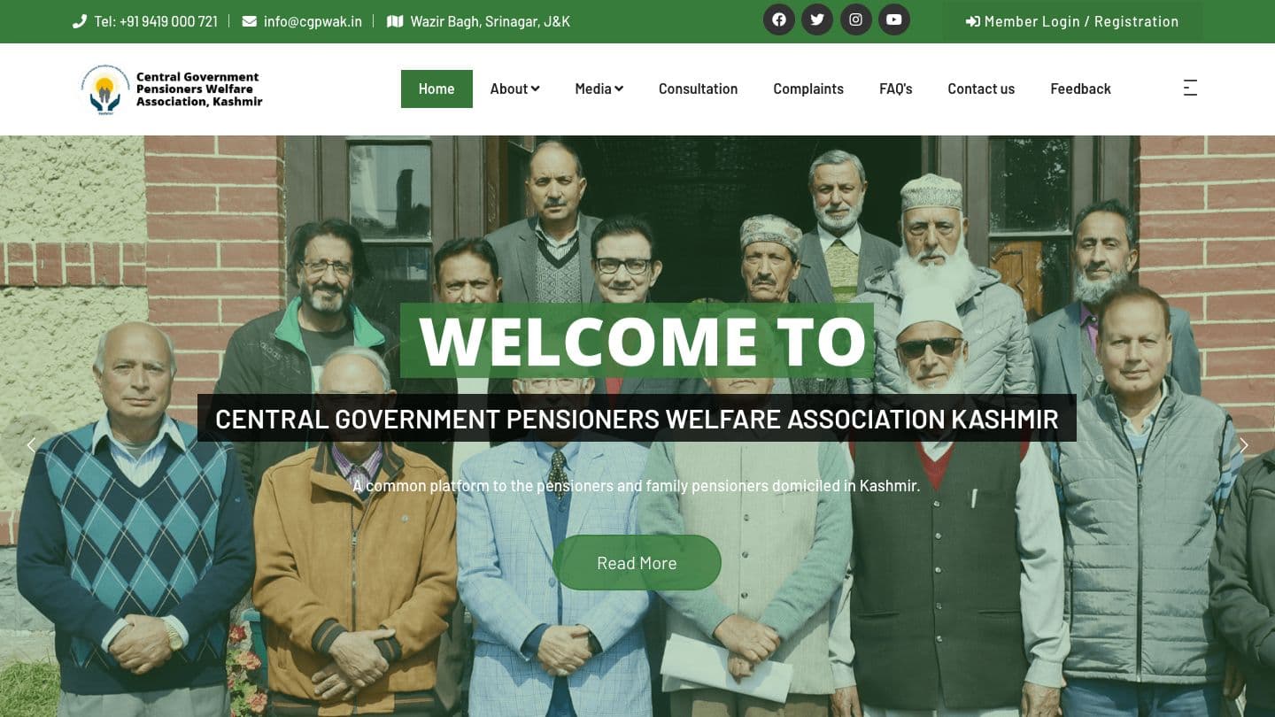 CGPWA-K homepage with a green contact bar, a Member Login / Registration link, and a hero photo of association members under the words “Welcome to Central Government Pensioners Welfare Association Kashmir”