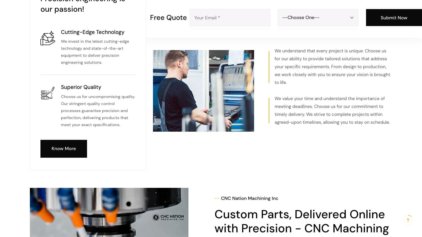 CNC Nation Machining “Why choose us” section with cutting-edge technology and superior quality cards, and a free quote form with a dropdown of machining services