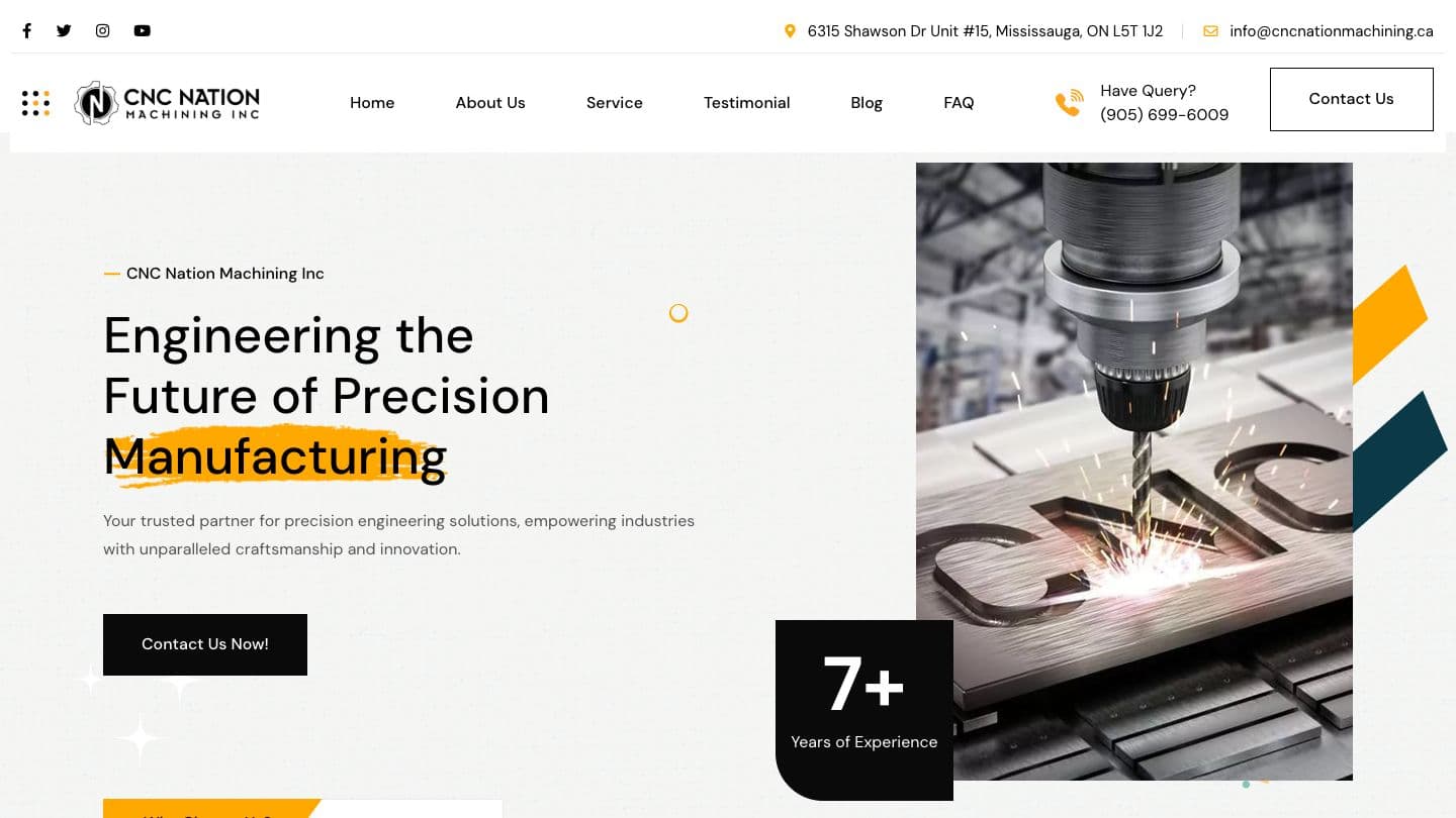 CNC Nation Machining homepage, with the headline “Engineering the Future of Precision Manufacturing” beside a close-up of a CNC cutter throwing sparks, and a 7+ years of experience badge