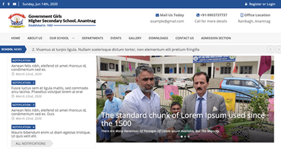 Government Girls Higher Secondary School Anantnag homepage, with the school crest and contact bar, a scrolling School News ticker, a column of dated notifications and a photo slider from a school event