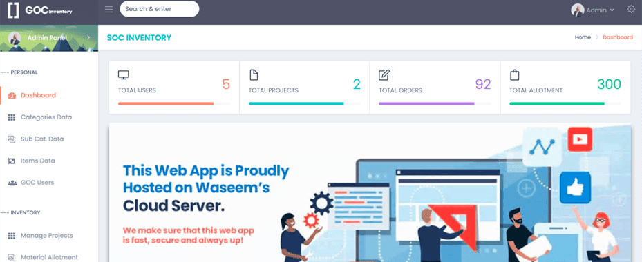 GOC Inventory admin dashboard with a sidebar for categories, items, users, projects and material allotment, above summary cards for total users, projects, orders and allotment