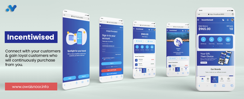 Incentiwised promotional banner reading “Connect with your customers and gain loyal customers who will continuously purchase from you”, beside five phone screens showing sign-in, a wallet balance, rewards and brand offers