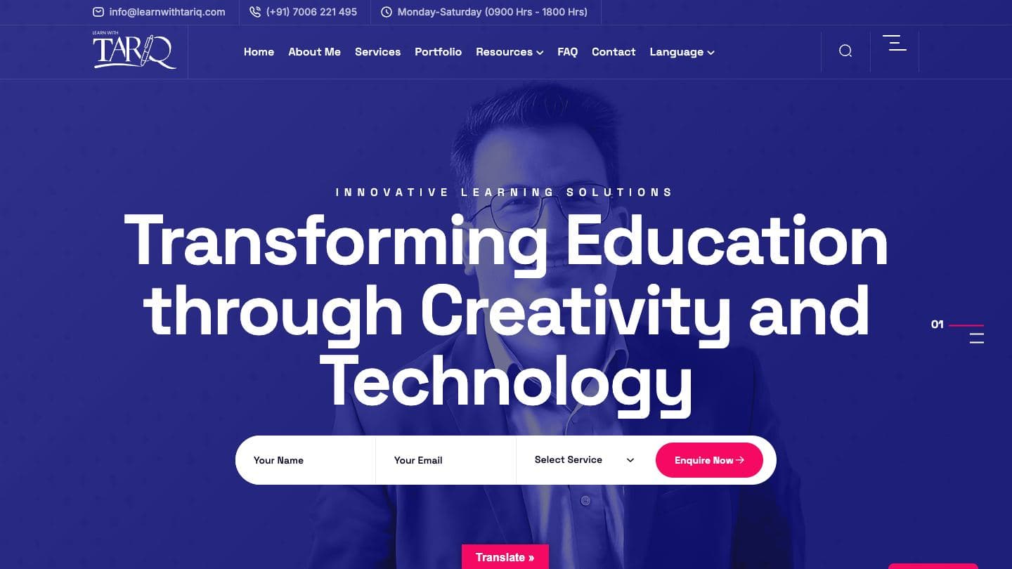 Learn With Tariq homepage hero in deep blue reading “Transforming Education through Creativity and Technology”, with an inline enquiry form for name, email and service