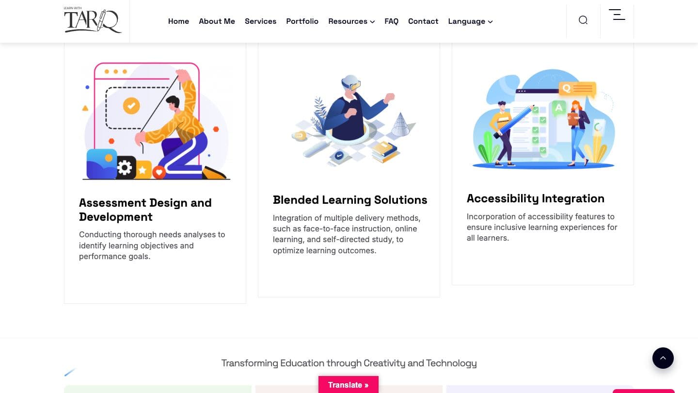 Learn With Tariq services grid with illustrated cards for assessment design, blended learning solutions and accessibility integration