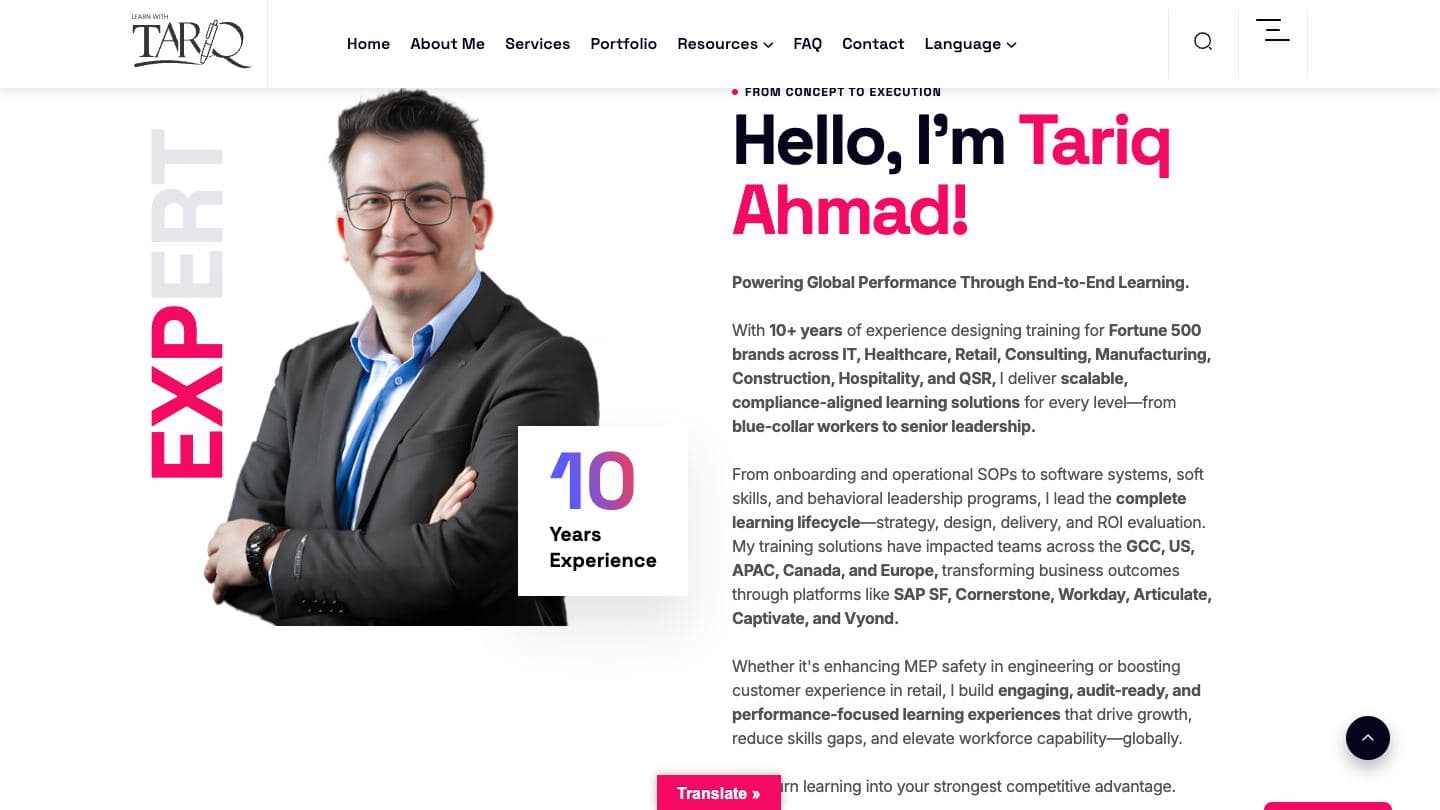Learn With Tariq about section with a portrait of Tariq Ahmad beside a vertical EXPERT label, a 10 years experience badge and the headline “Hello, I'm Tariq Ahmad!”