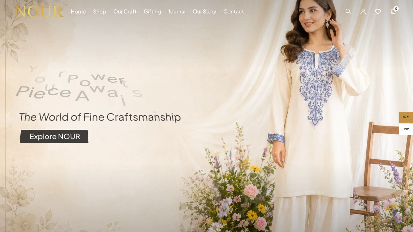 NOUR homepage hero with a model in an ivory embroidered suit, the line “The World of Fine Craftsmanship” and an Explore NOUR button