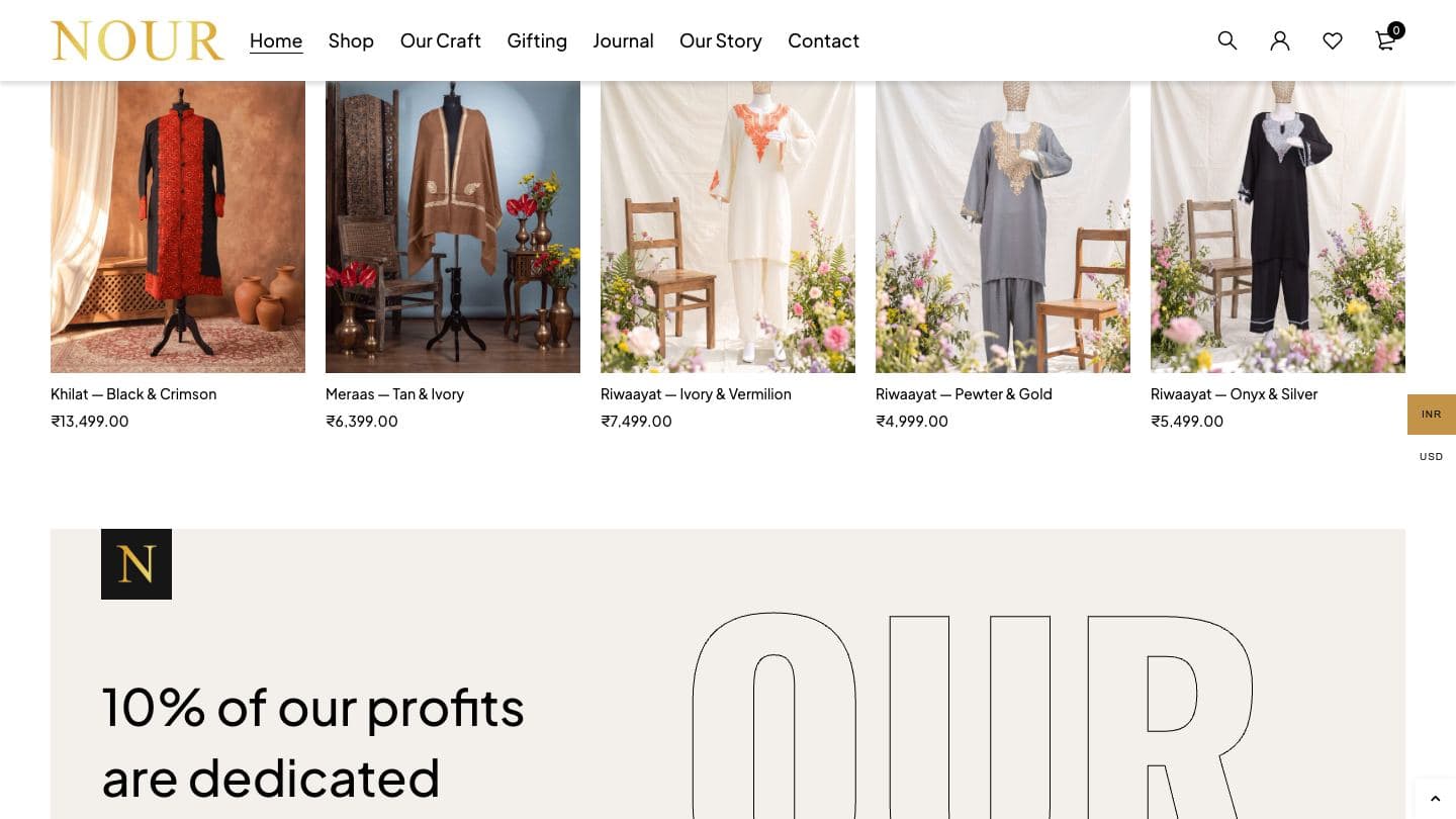 NOUR new arrivals row of Khilat, Meraas and Riwaayat pieces with prices, above a panel reading “10% of our profits are dedicated” to artisan communities