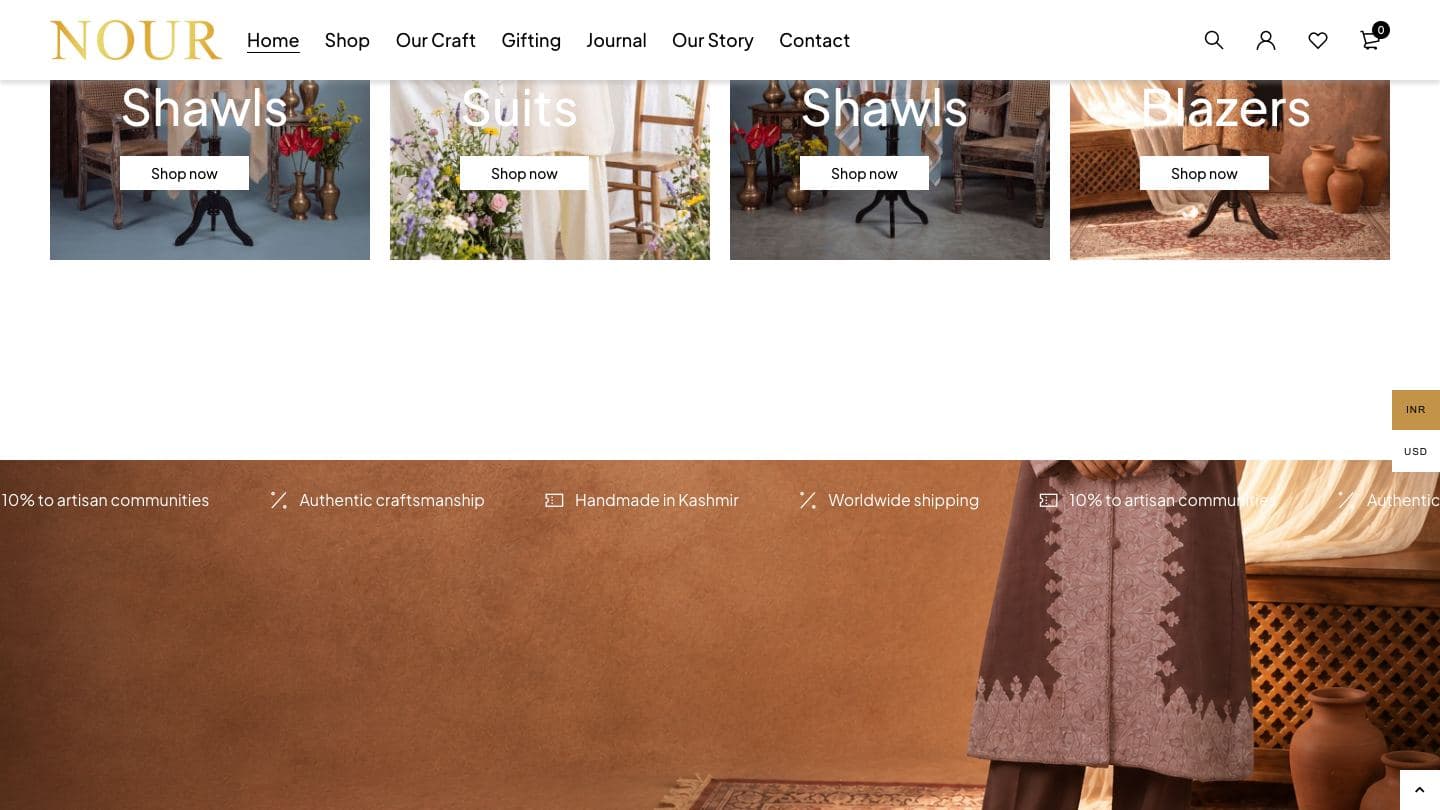 NOUR collection tiles for shawls, suits and blazers above a scrolling strip of brand promises: handmade in Kashmir, worldwide shipping, 10% to artisans