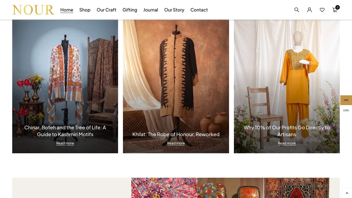 NOUR journal section with editorial cards on Kashmiri motifs, the Khilat robe of honour and why 10% of profits go to artisans