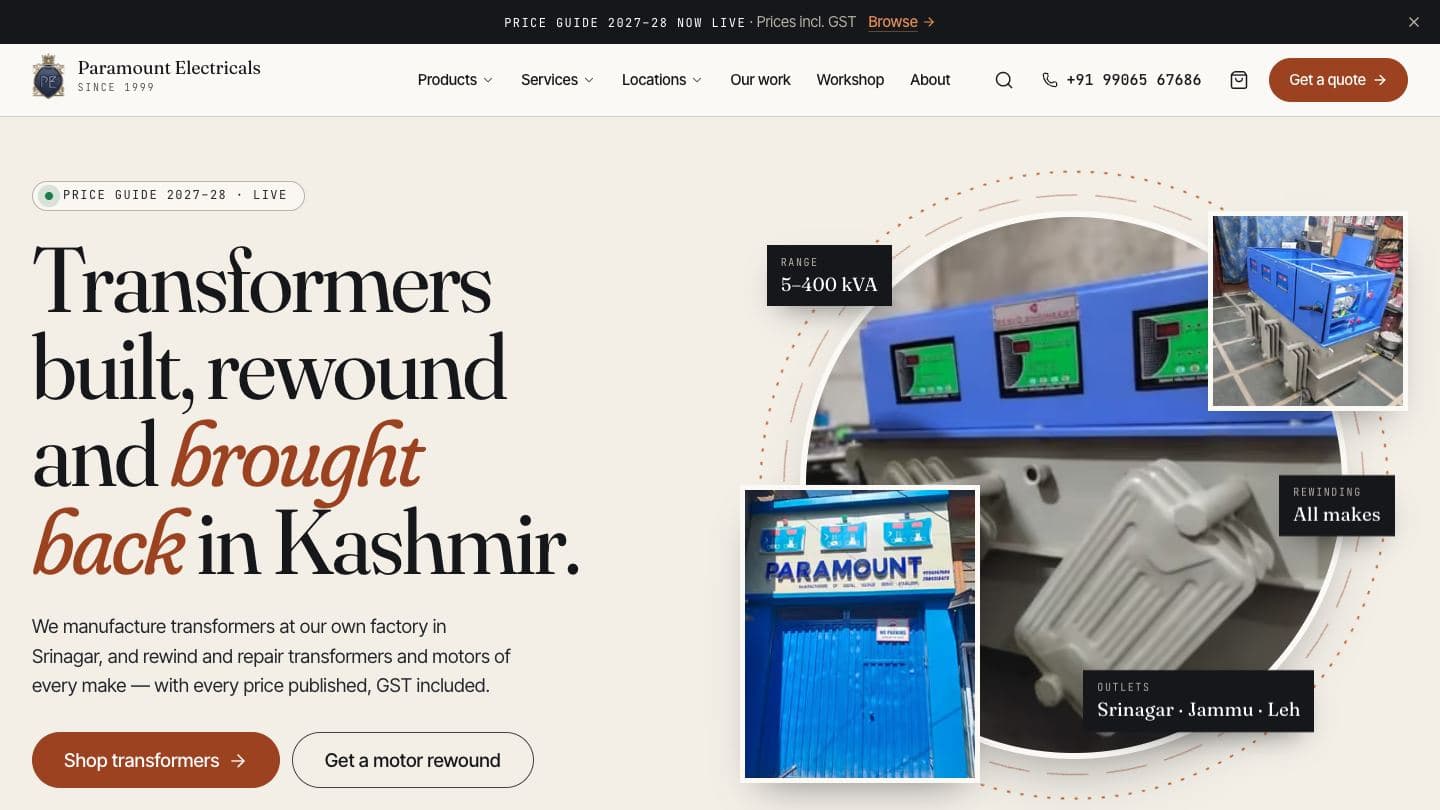 Paramount Electricals homepage with the serif headline “Transformers built, rewound and brought back in Kashmir” beside a collage of transformers, and Shop transformers and Get a motor rewound buttons