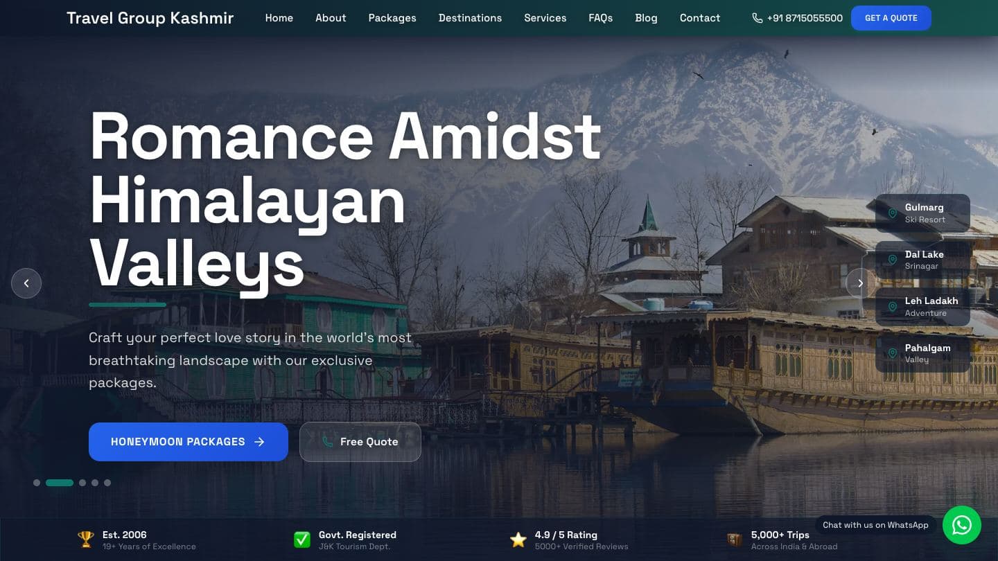 Travel Group Kashmir homepage hero “Romance Amidst Himalayan Valleys” over a snowy valley photo, with a Honeymoon Packages button, destination tabs and trust badges along the bottom