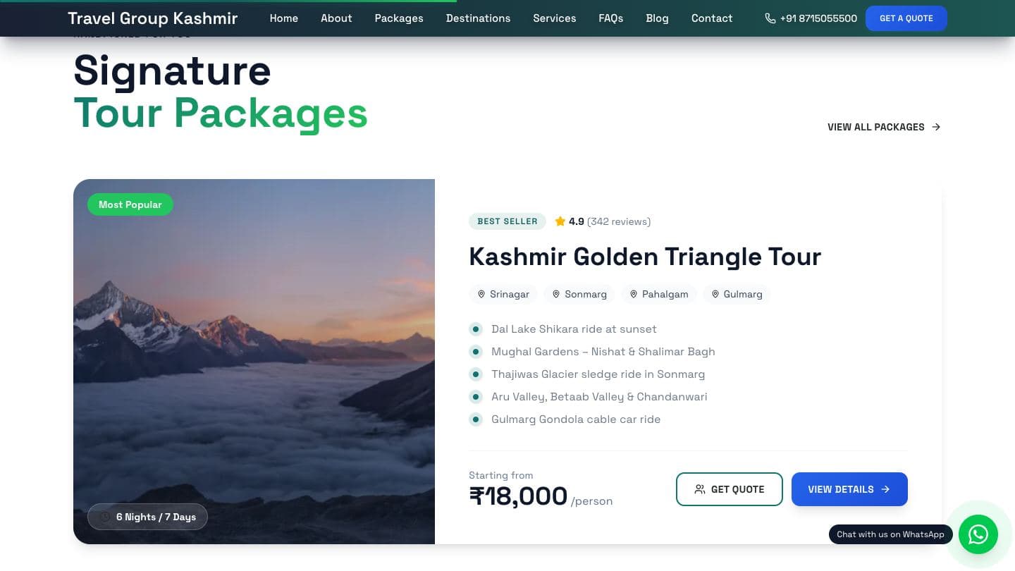 Travel Group Kashmir “Signature Tour Packages” section featuring the Kashmir Golden Triangle Tour with its itinerary highlights, starting price and Get quote and View details buttons