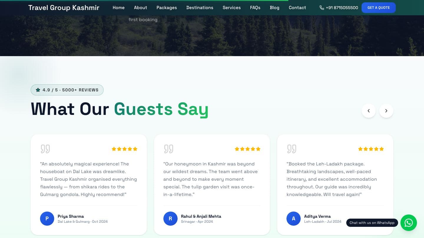 Travel Group Kashmir “What Our Guests Say” review carousel with five-star guest testimonials