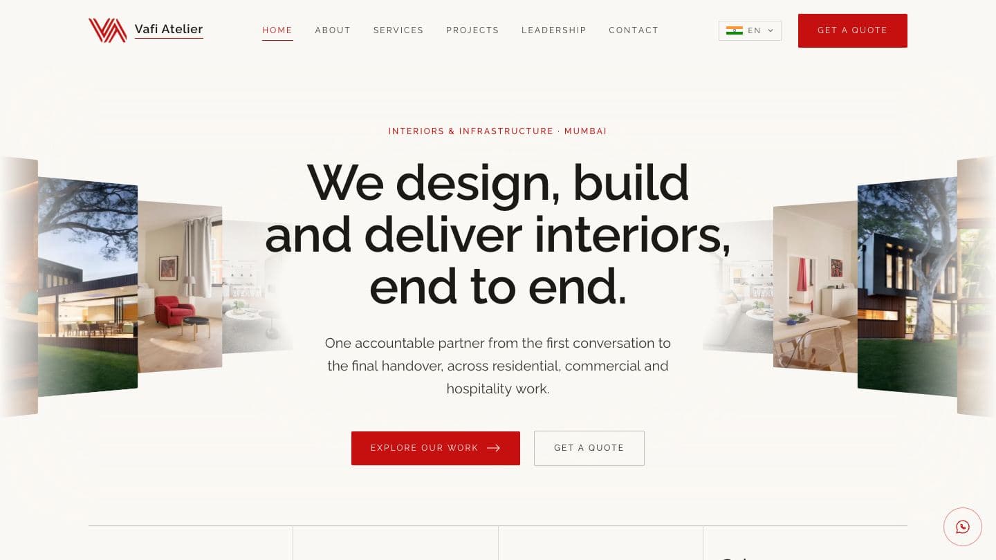 Vafi Atelier homepage with the headline “We design, build and deliver interiors, end to end” framed by angled interior photographs, with Explore our work and Get a quote buttons