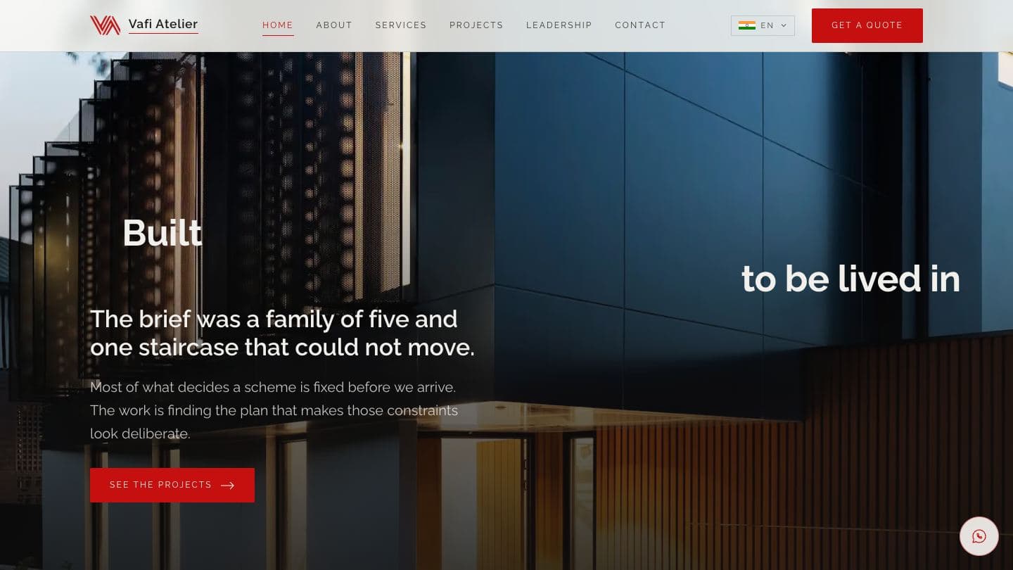 Vafi Atelier scroll section “Built to be lived in” over a dark staircase photograph, telling the story of a brief for a family of five and one staircase that could not move