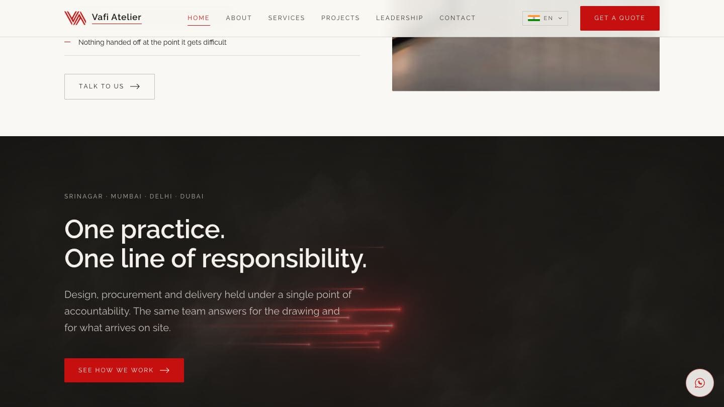 Vafi Atelier dark section “One practice. One line of responsibility.” explaining design, procurement and delivery under a single point of accountability