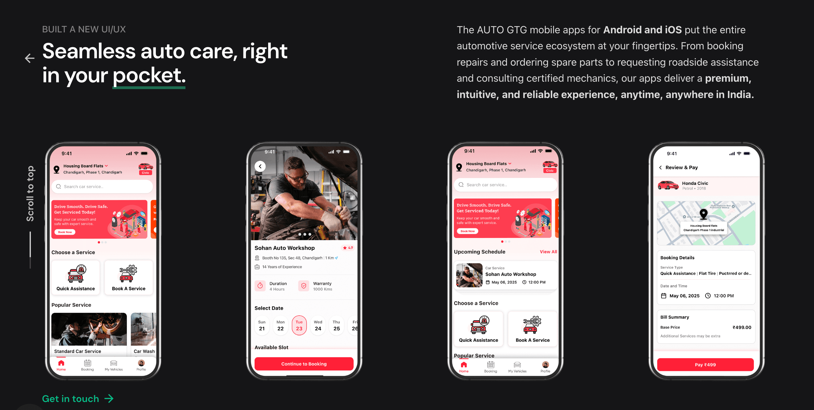 Four Auto GTG mobile screens — the home screen with saved location and service search, a workshop profile with rating, duration and warranty, an upcoming-schedule view, and a Review & Pay screen summarising the vehicle, booking details and bill
