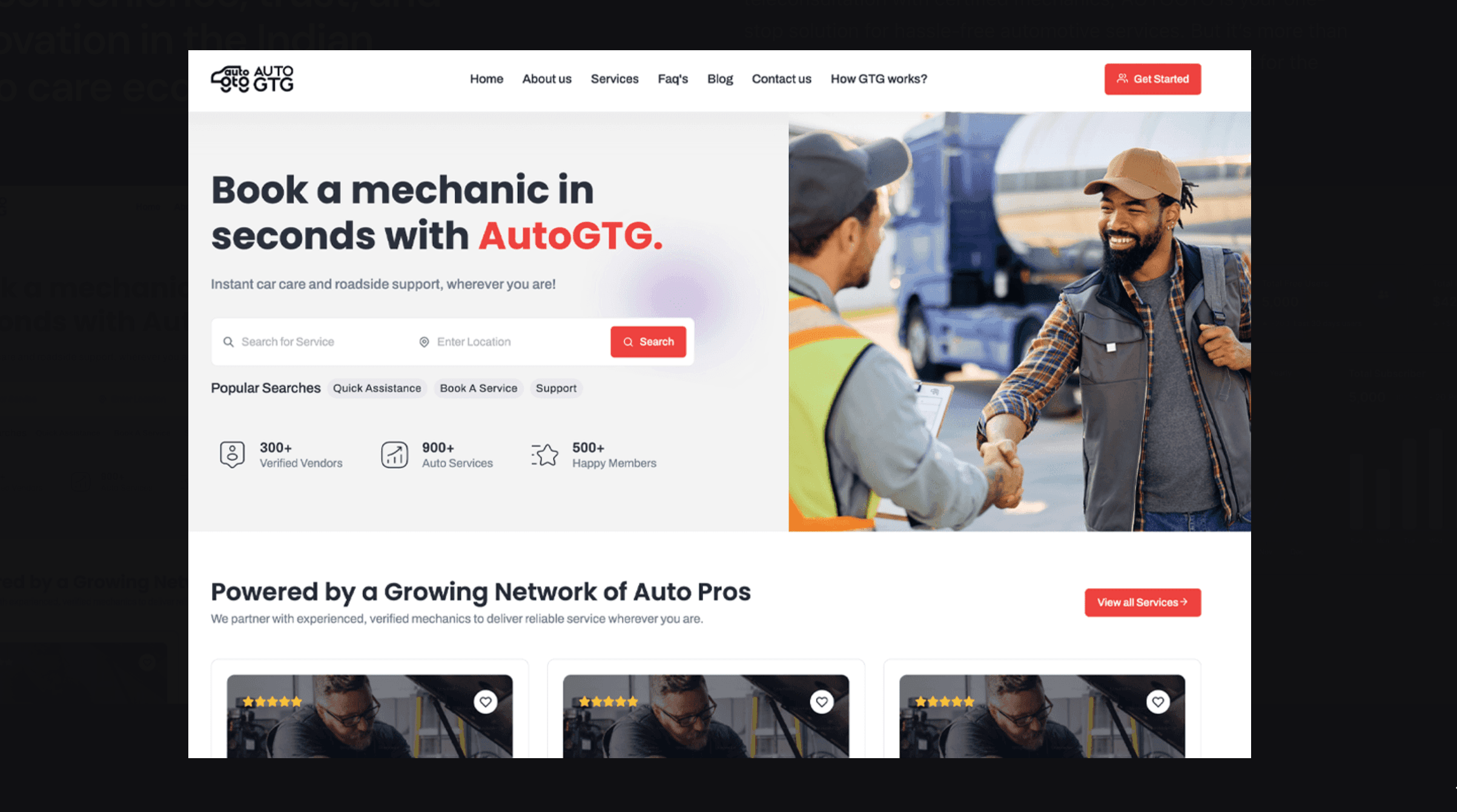 Auto GTG website hero — 'Book a mechanic in seconds with AutoGTG' with a service-and-location search bar, popular searches, and a 'Powered by a Growing Network of Auto Pros' section below