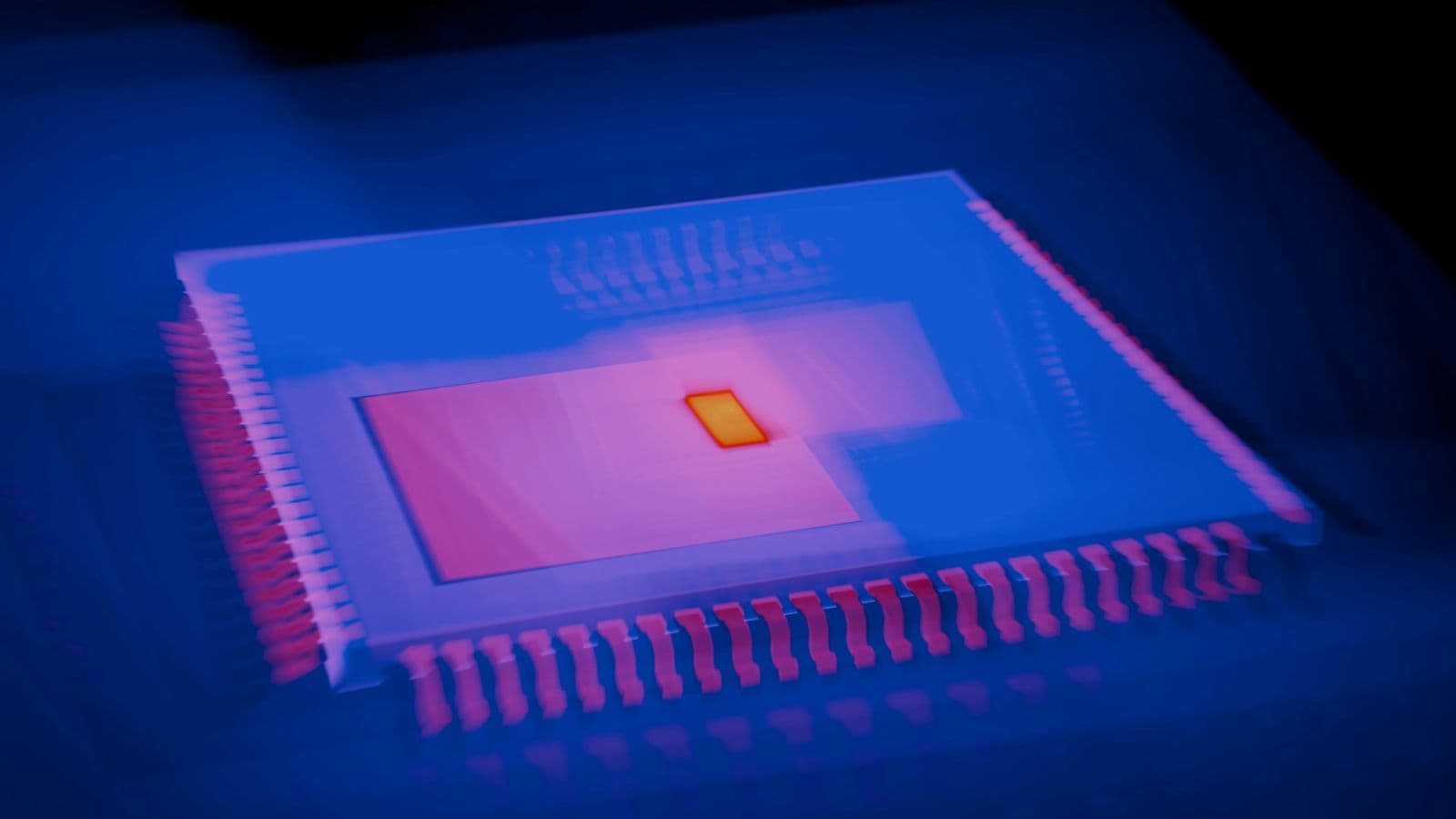 A glowing processor die rendered in violet and red light. Jev is a new kind of model that makes decisions instead of writing text