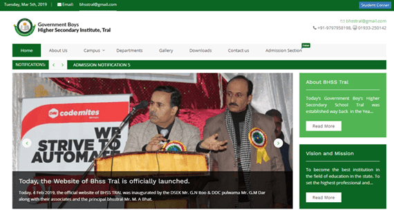 BHSS Tral homepage, with the school crest, a green navigation bar, an admissions notification ticker and a lead slide announcing that the official website of BHSS Tral has been launched