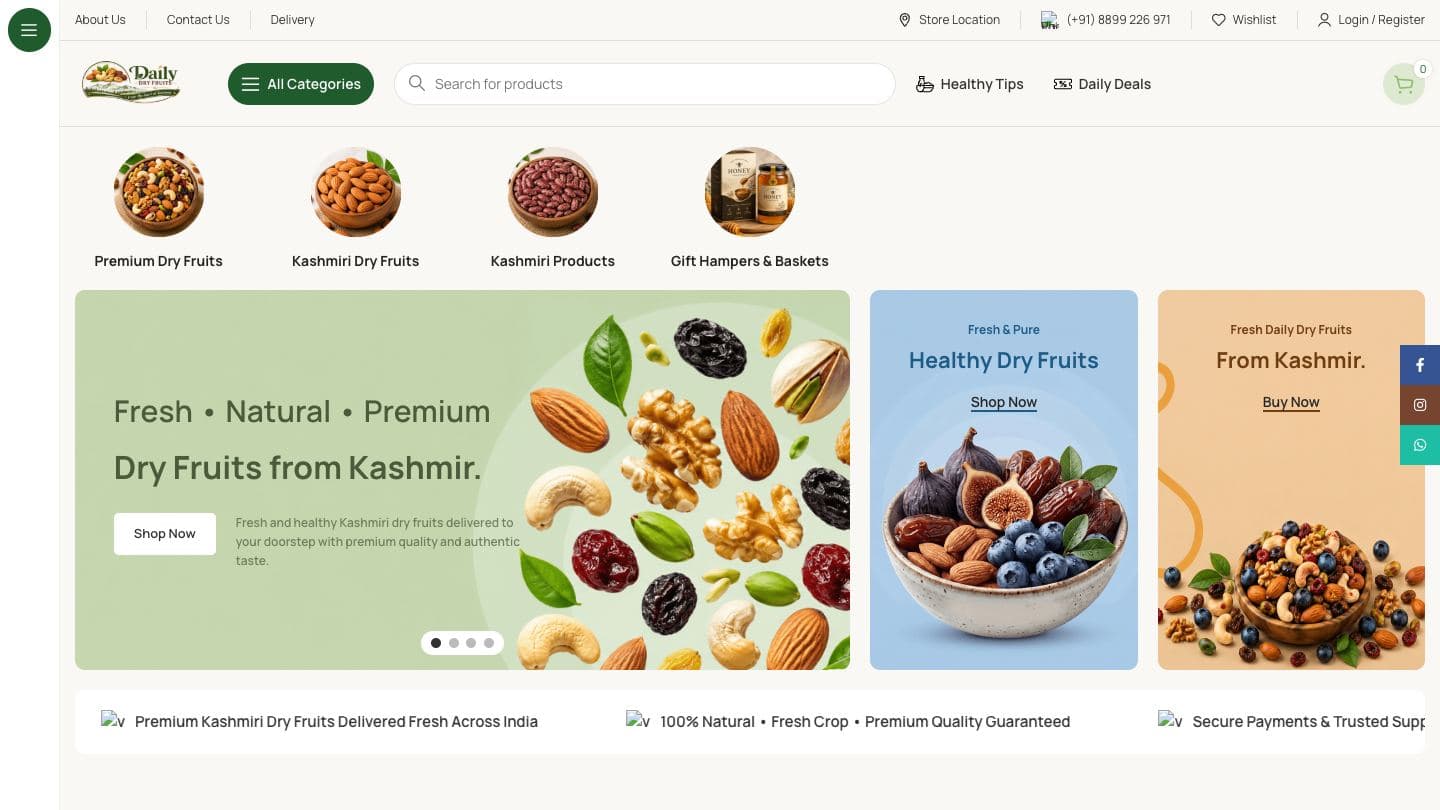 Daily Dry Fruits homepage with category icons for premium dry fruits, Kashmiri dry fruits, Kashmiri products and gift hampers, above a “Fresh, Natural, Premium Dry Fruits from Kashmir” banner