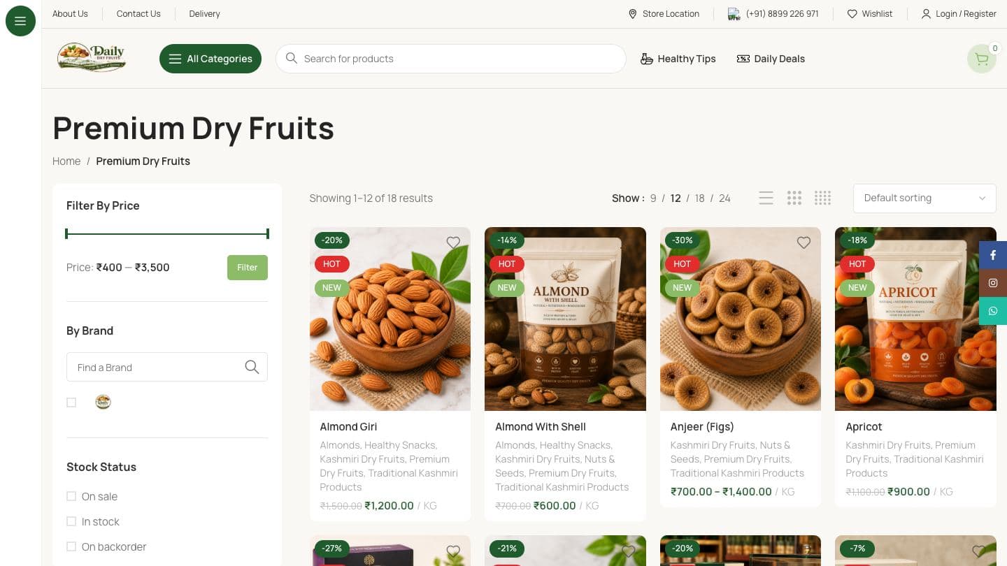 Daily Dry Fruits Premium Dry Fruits category page with a price range filter, brand and stock filters, and a product grid of almonds, figs and apricots with discount badges