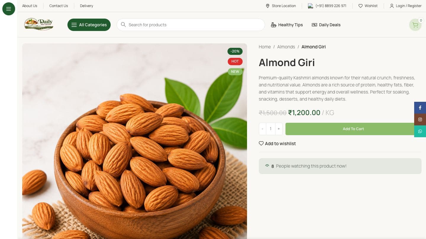 Daily Dry Fruits product page for Almond Giri with a large photo of almonds in a wooden bowl, the discounted per-kilo price, quantity selector and Add to cart button