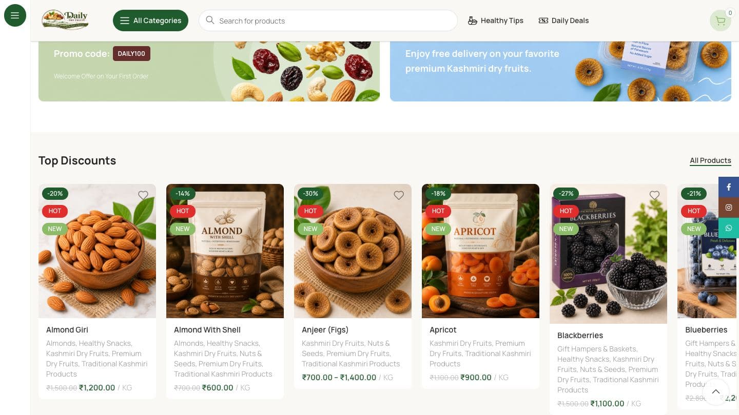 Daily Dry Fruits promo-code banners above a Top Discounts carousel of dry fruit packs with percentage-off badges