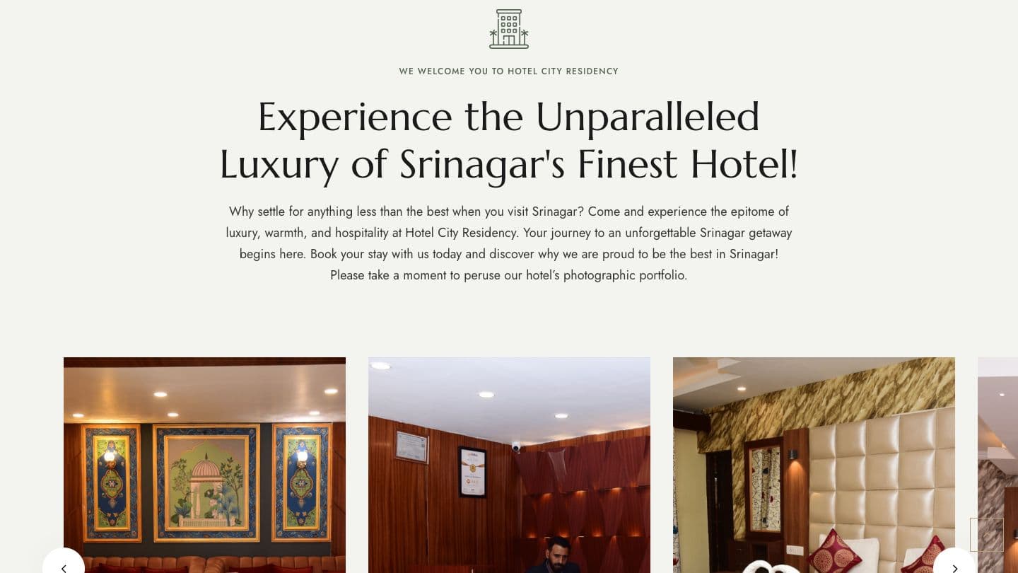 Hotel City Residency section titled “Experience the Unparalleled Luxury of Srinagar's Finest Hotel!” above a carousel of room and interior photos