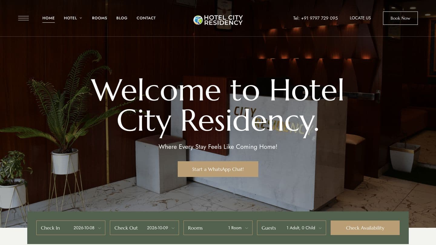 Hotel City Residency homepage with “Welcome to Hotel City Residency” over a lobby photo, a Start a WhatsApp Chat button and a check-in, check-out, rooms and guests availability bar