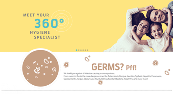 Steri360 homepage with a yellow hero reading “Meet your 360° hygiene specialist” beside a smiling family, above a “Germs? Pff!” section on protection from infection-causing micro-organisms